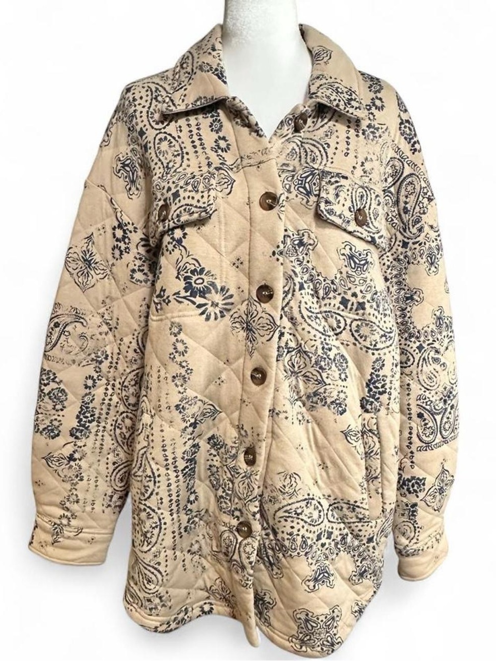 Quilted Beige Paisley Button-Up Jacket